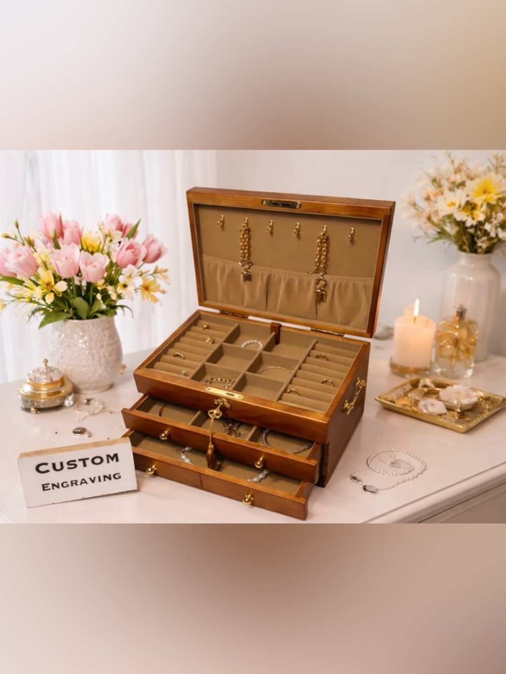 Personlized wooden jewelry box with lock, customized jewelry box, gift for her